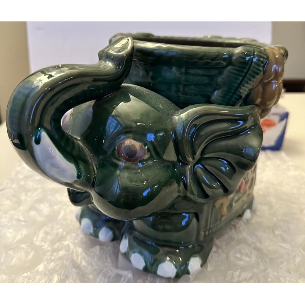 Vintage Majolica Bamboo 5" Planter - Green Elephant with trunk up for Luck.
